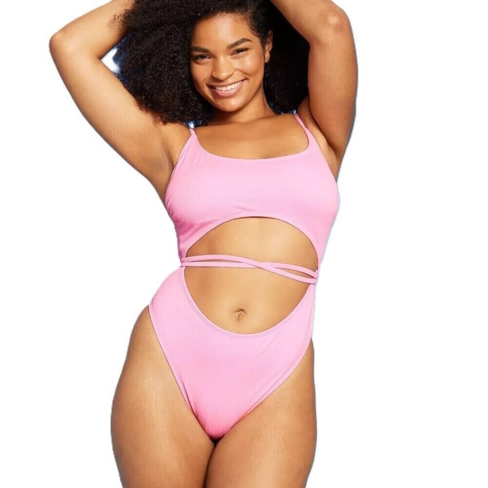 *NWT* Wild Fable Pink Ribbed Wrap Cut Out Cheeky One Piece Swimsuit
